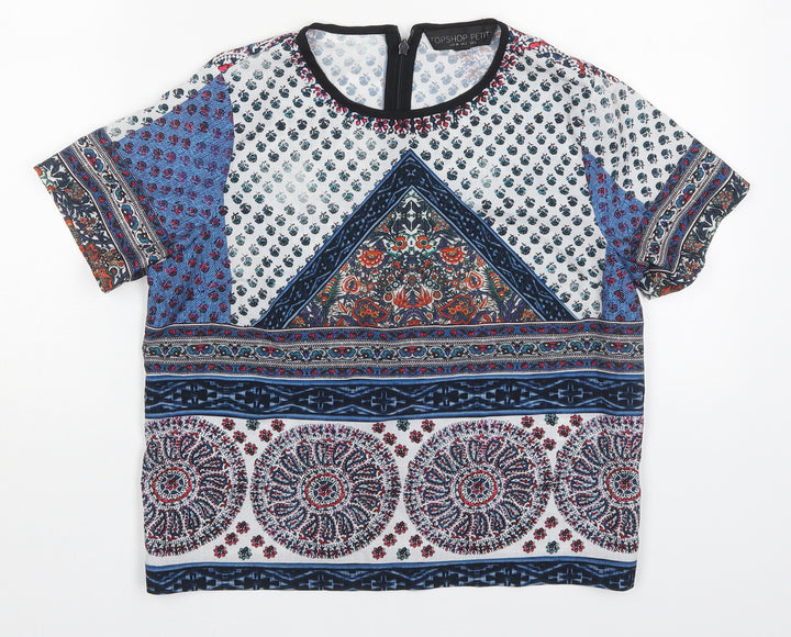 Topshop Womens Blue Geometric Polyester Basic Blouse Size 6 Round Neck