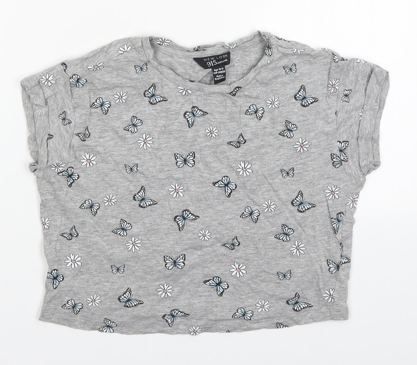 New Look Girls Grey Floral Cotton Cropped T-Shirt Size 10-11 Years Round Neck Pullover - Butterflies
