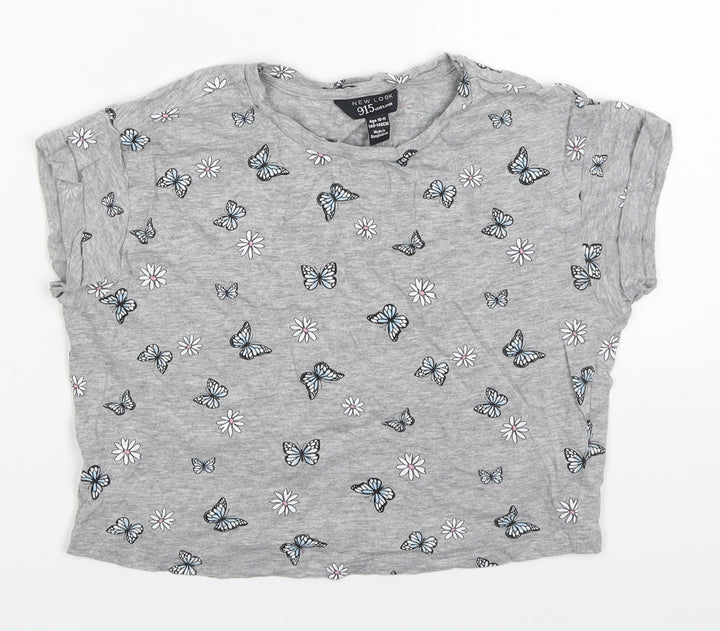 New Look Girls Grey Floral Cotton Cropped T-Shirt Size 10-11 Years Round Neck Pullover - Butterflies