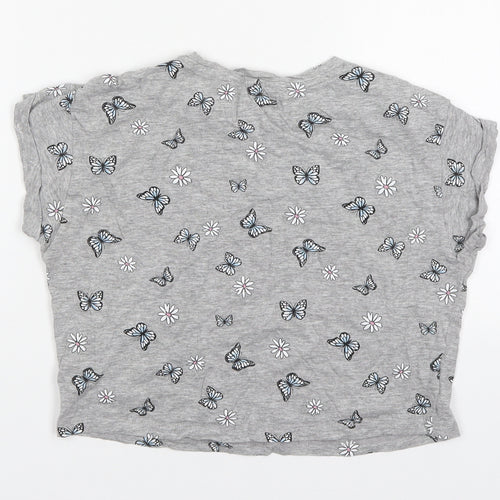 New Look Girls Grey Floral Cotton Cropped T-Shirt Size 10-11 Years Round Neck Pullover - Butterflies