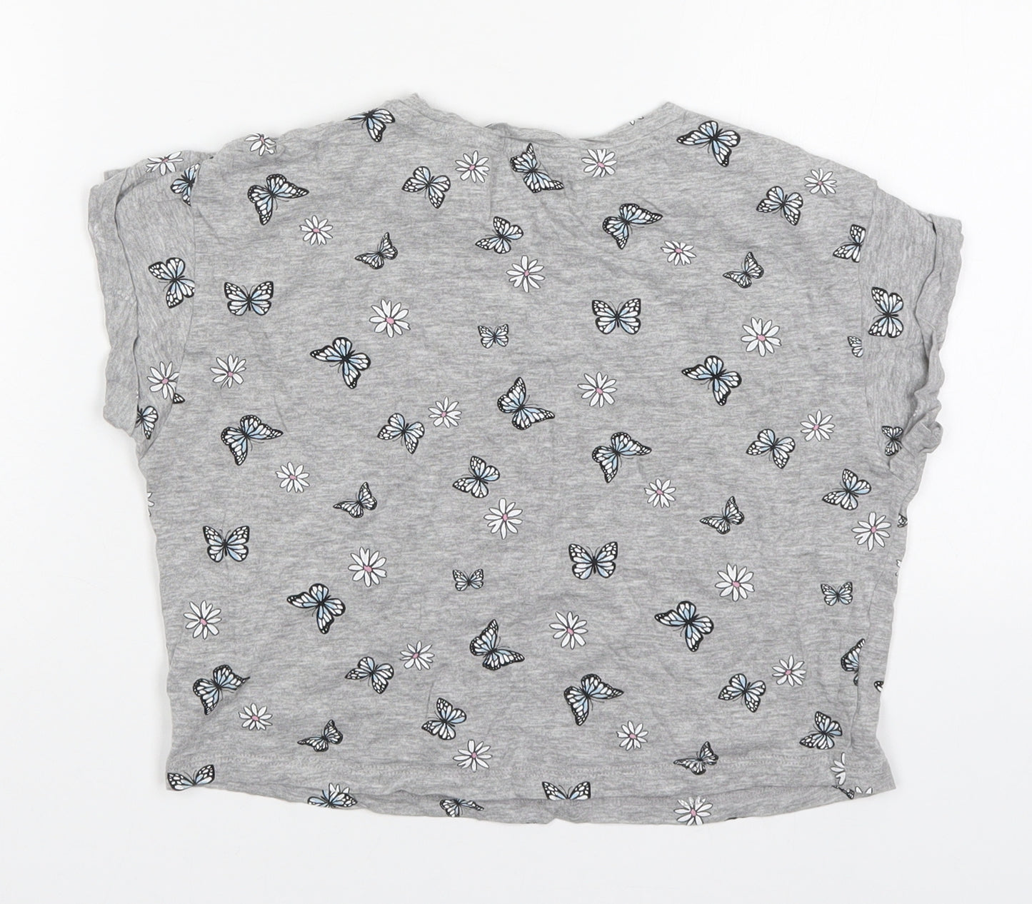 New Look Girls Grey Floral Cotton Cropped T-Shirt Size 10-11 Years Round Neck Pullover - Butterflies