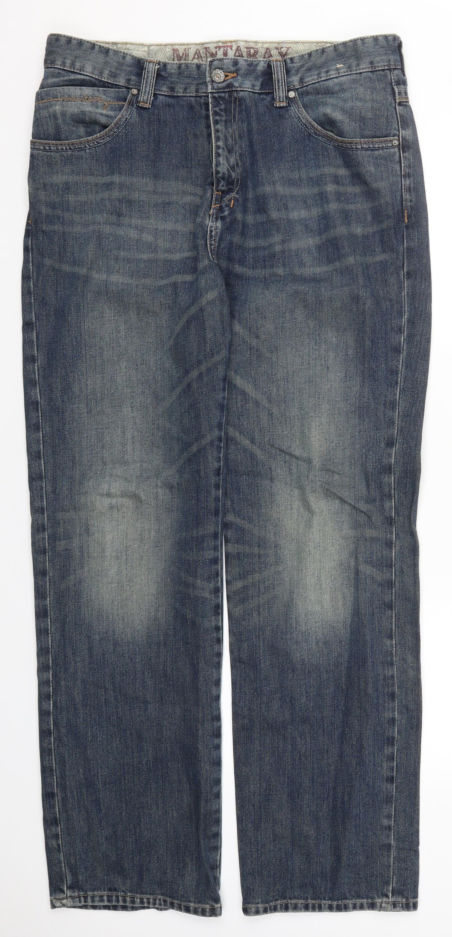 Mantaray Mens Blue  Cotton Straight Jeans Size 36 L32 in Regular Button