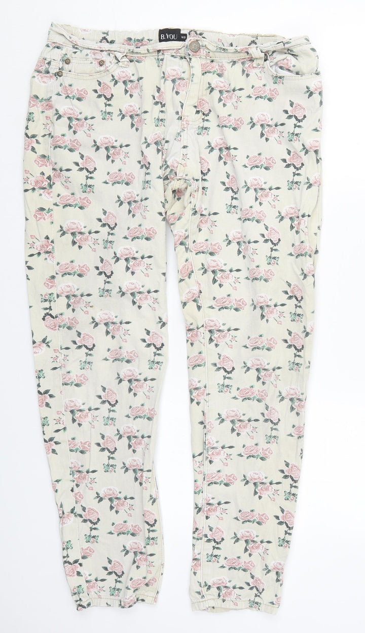 B You Womens Beige Floral Cotton Skinny Jeans Size 14 L28 in Regular Button