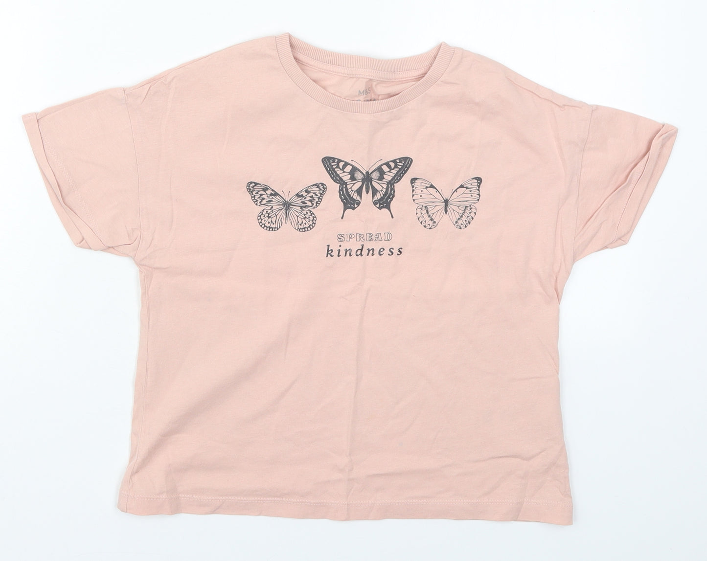 Marks and Spencer Girls Pink  Cotton Basic T-Shirt Size 9-10 Years Crew Neck Pullover - Butterflies Spread Kindness