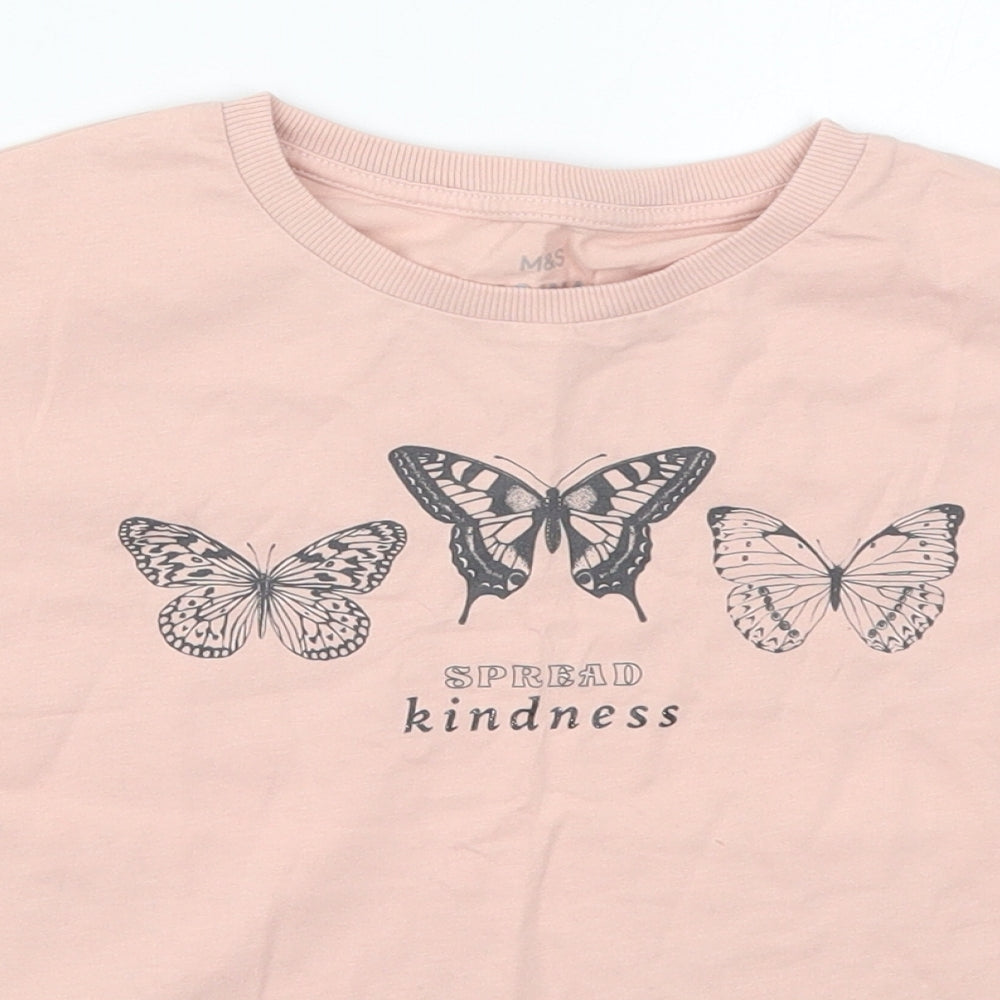 Marks and Spencer Girls Pink  Cotton Basic T-Shirt Size 9-10 Years Crew Neck Pullover - Butterflies Spread Kindness