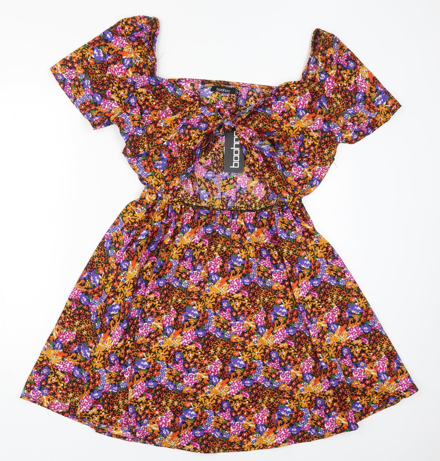 Boohoo Womens Multicoloured Floral Polyester Skater Dress  Size 12  V-Neck Pullover