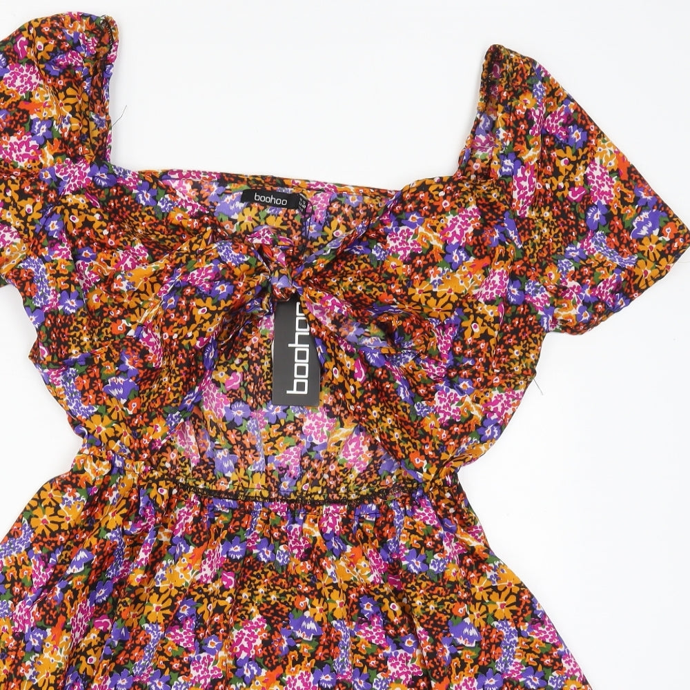 Boohoo Womens Multicoloured Floral Polyester Skater Dress  Size 12  V-Neck Pullover