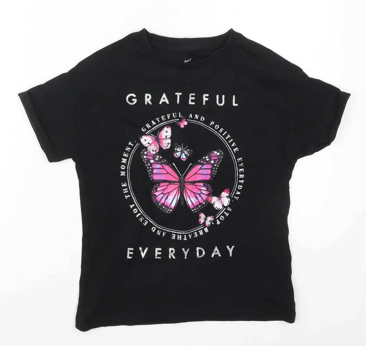 Marks and Spencer Girls Black  Cotton Basic T-Shirt Size 9-10 Years Crew Neck Pullover - Grateful Everyday Butterflies