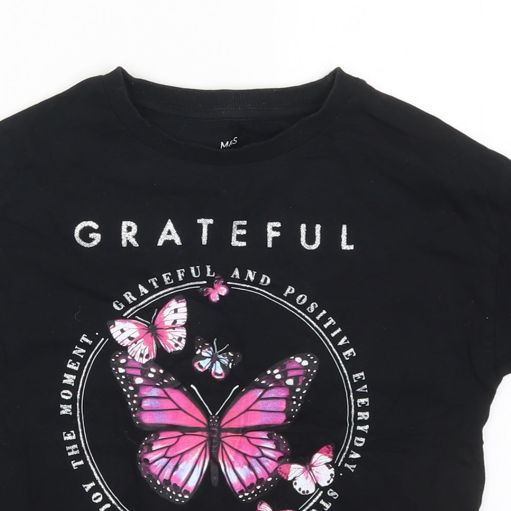 Marks and Spencer Girls Black  Cotton Basic T-Shirt Size 9-10 Years Crew Neck Pullover - Grateful Everyday Butterflies