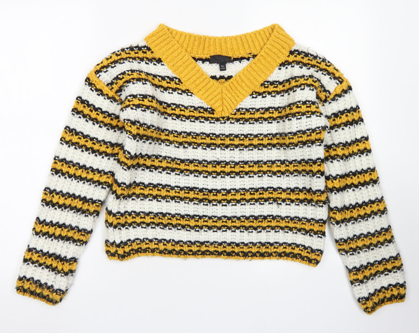Topshop Womens Yellow V-Neck Striped Acrylic Pullover Jumper Size 8