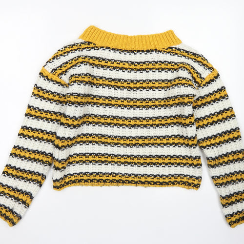 Topshop Womens Yellow V-Neck Striped Acrylic Pullover Jumper Size 8