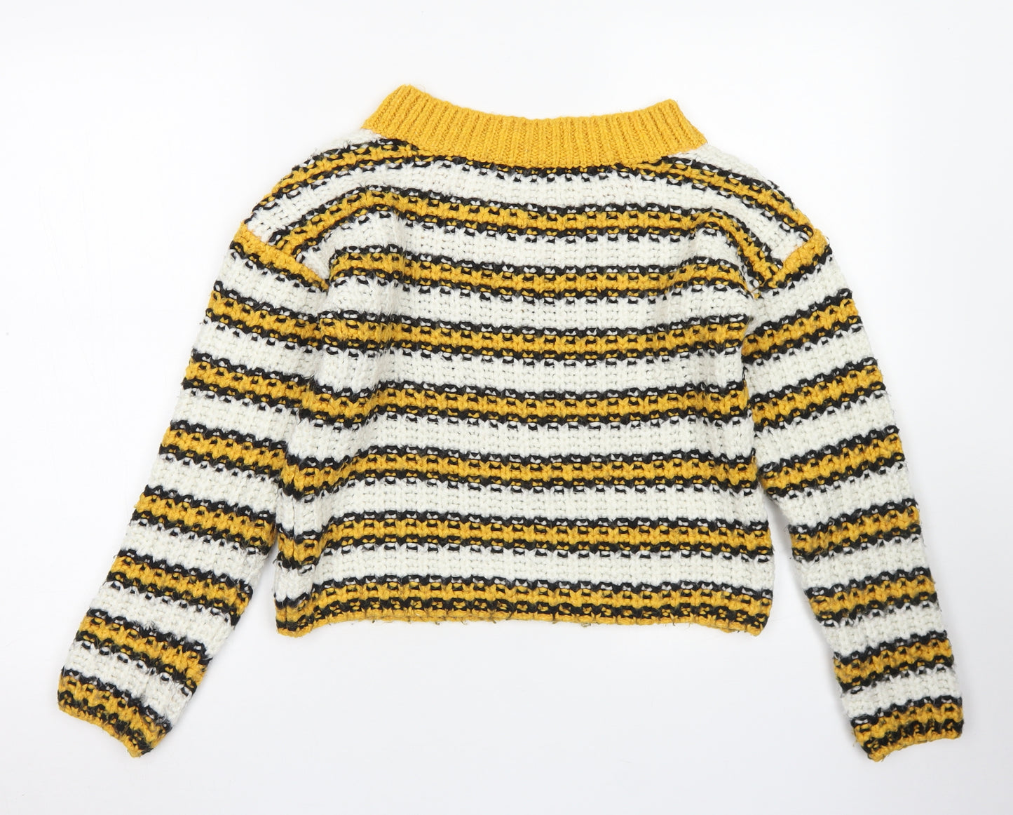 Topshop Womens Yellow V-Neck Striped Acrylic Pullover Jumper Size 8