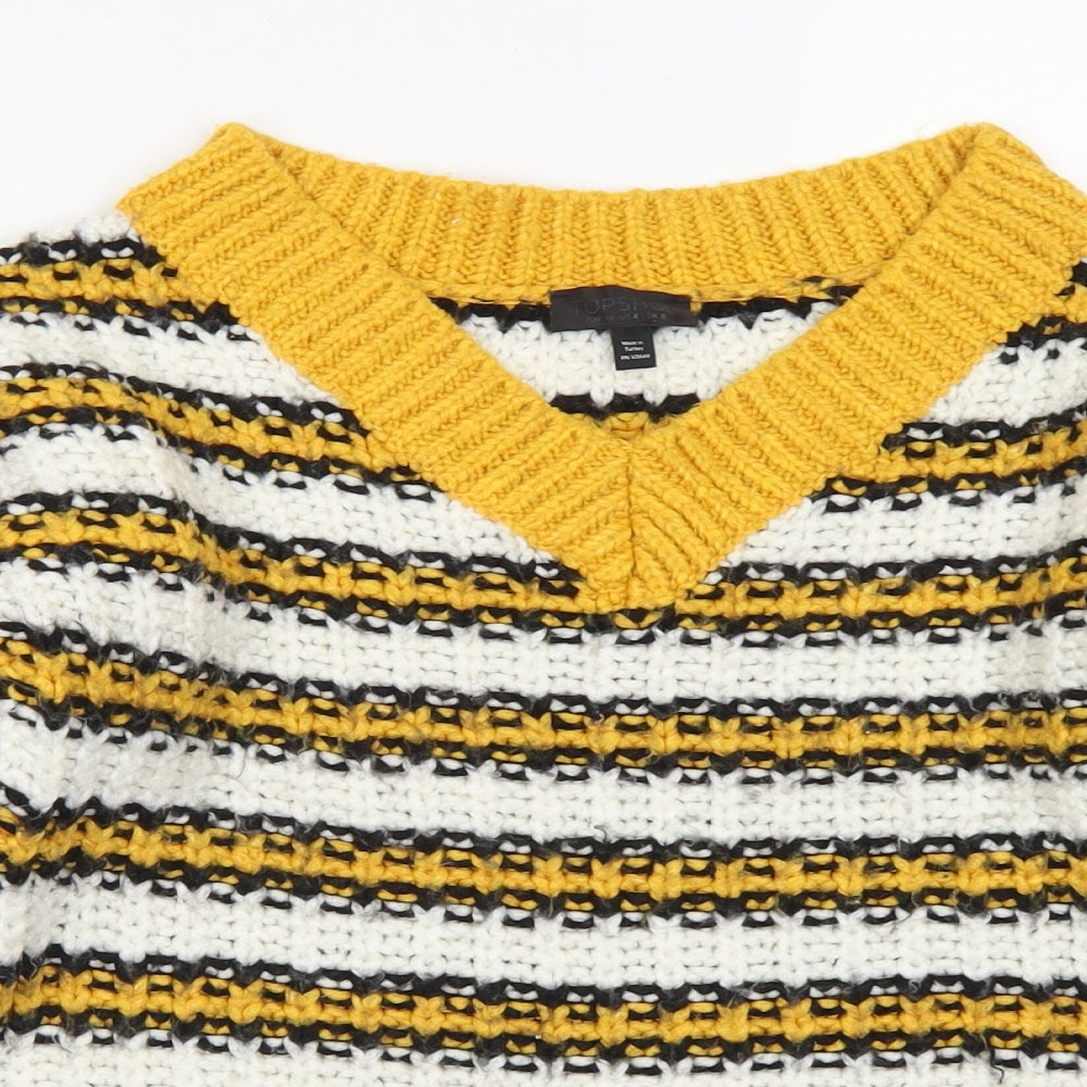 Topshop Womens Yellow V-Neck Striped Acrylic Pullover Jumper Size 8