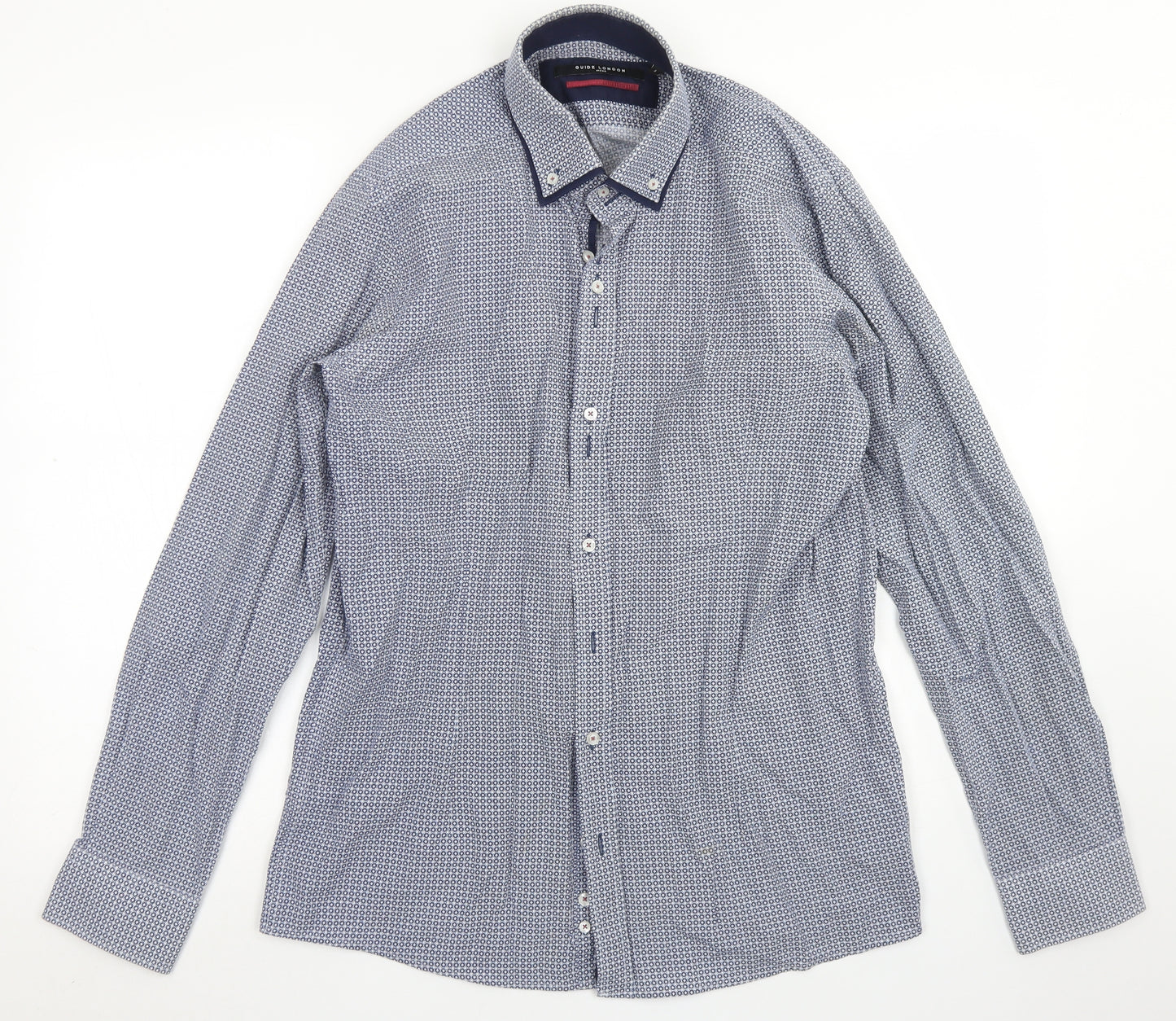 Guide London Mens Blue Spotted Cotton  Dress Shirt Size L Collared Button