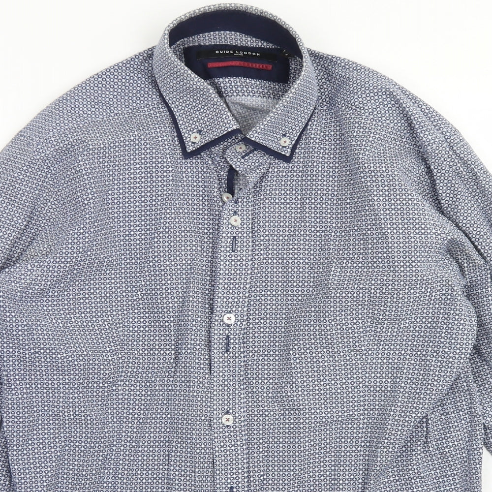 Guide London Mens Blue Spotted Cotton  Dress Shirt Size L Collared Button