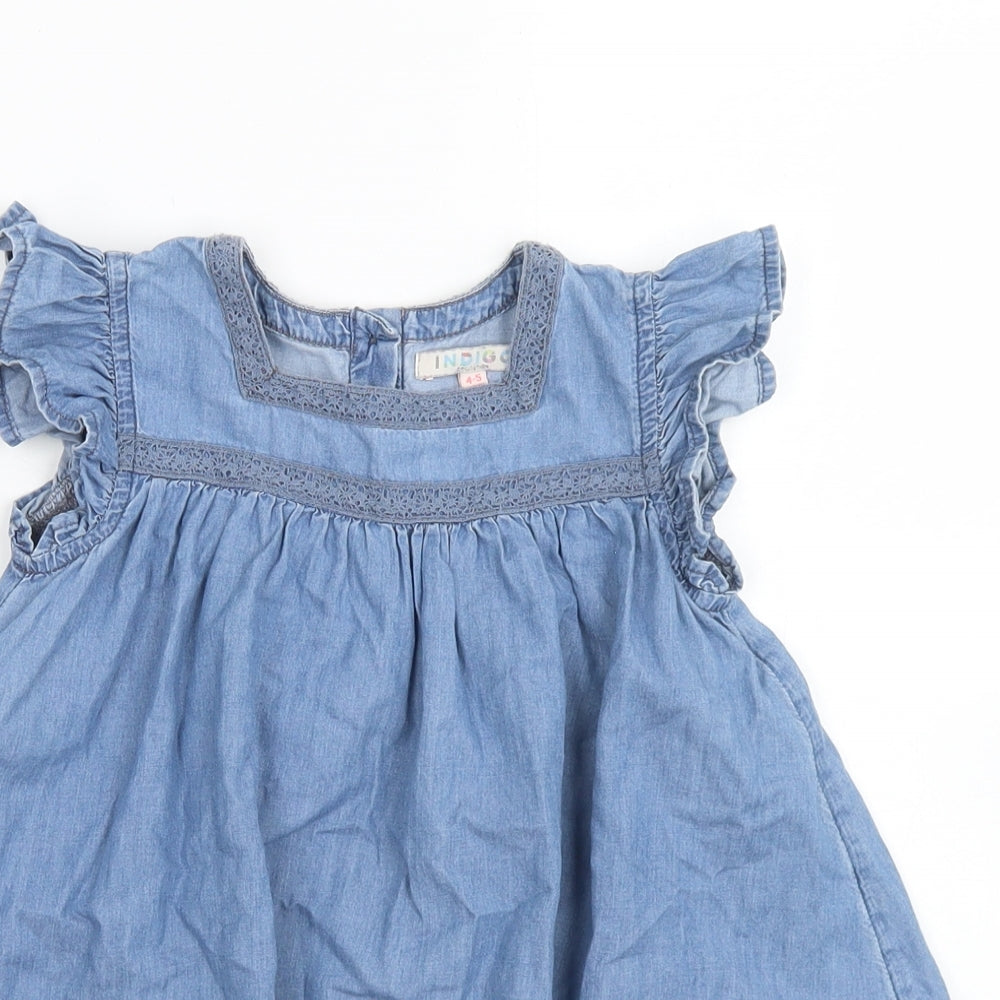 M&S Girls Blue  Cotton A-Line  Size 4-5 Years  Square Neck Button
