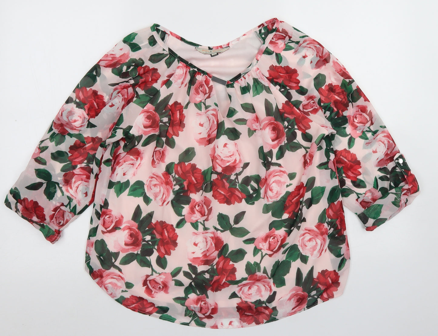 Billie & Blossom Womens Pink Floral Polyester Basic Blouse Size 12 Round Neck