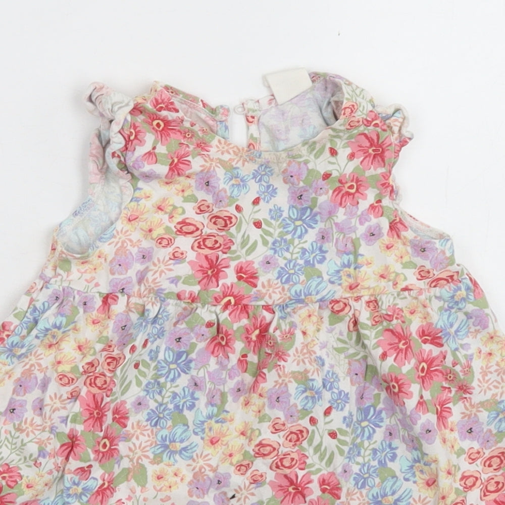H&M Girls White Floral Cotton Skater Dress  Size 9-12 Months  Crew Neck Button