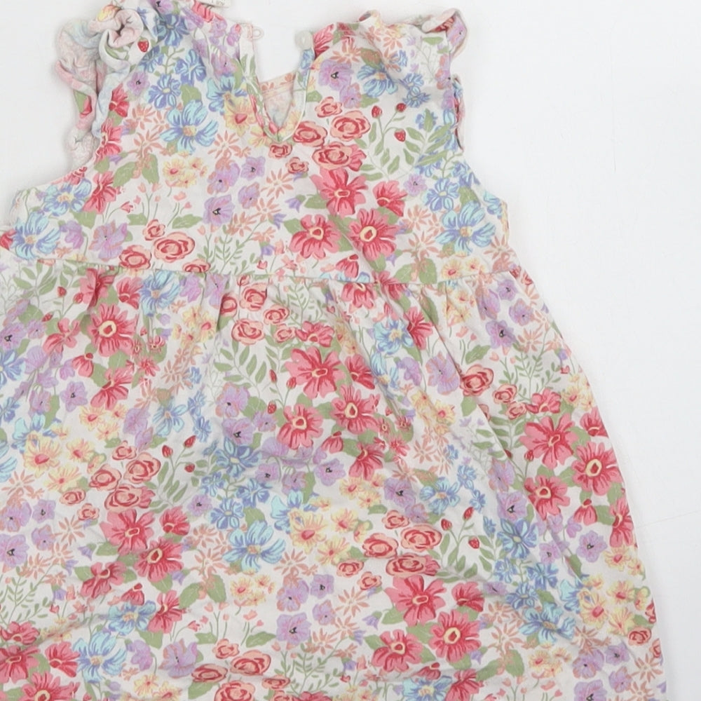 H&M Girls White Floral Cotton Skater Dress  Size 9-12 Months  Crew Neck Button