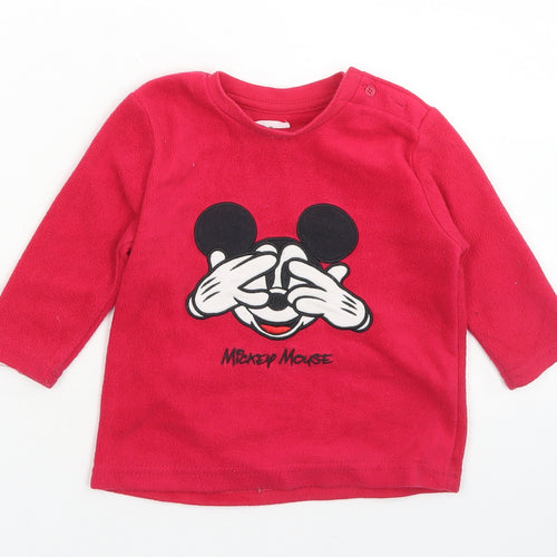 Primark Girls Red  Polyester Pullover T-Shirt Size 12-18 Months Crew Neck Button - Mickey Mouse