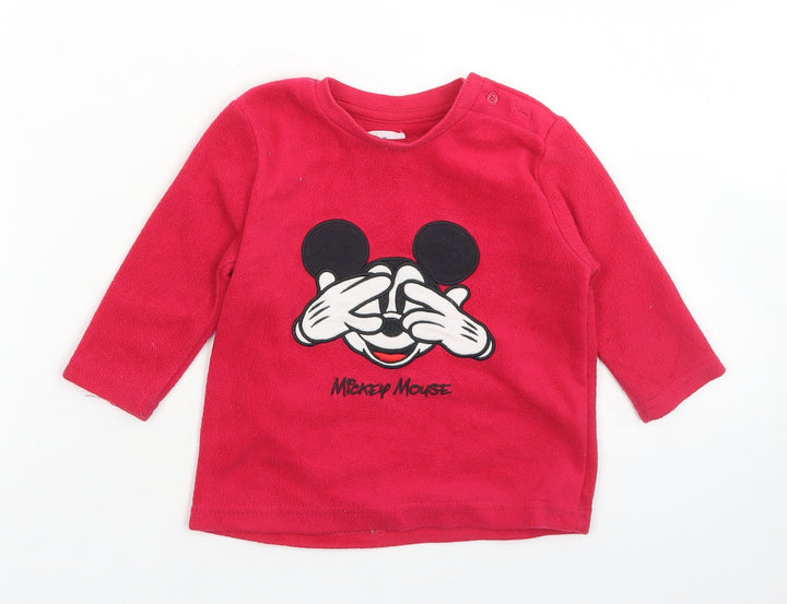 Primark Girls Red  Polyester Pullover T-Shirt Size 12-18 Months Crew Neck Button - Mickey Mouse