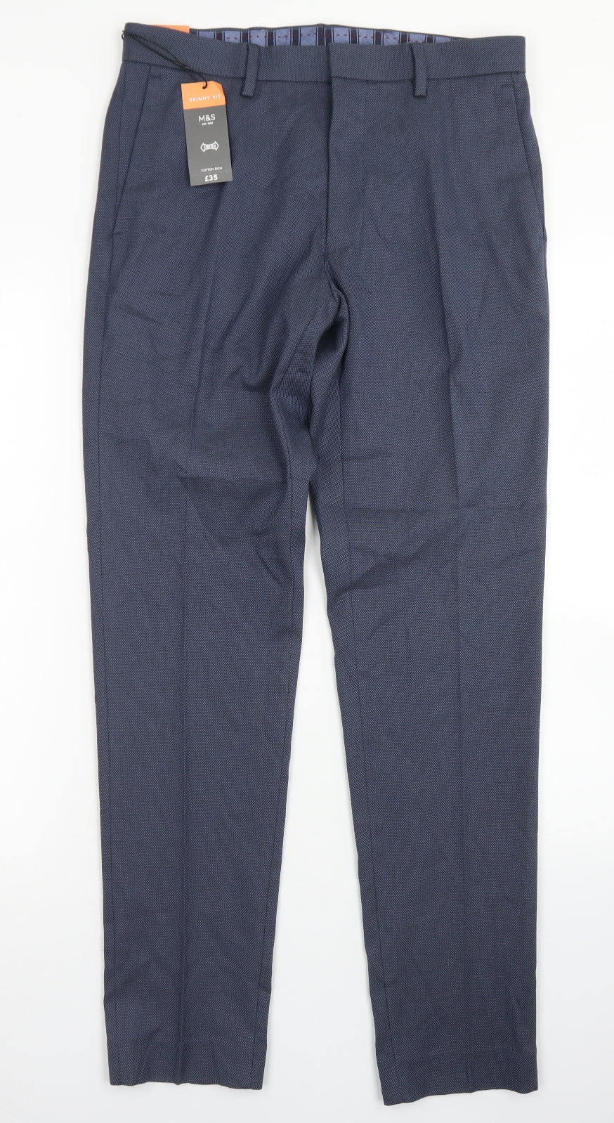 M&S Collection Mens Blue  Cotton Dress Pants Trousers Size 30 in L31 in Slim Hook & Eye