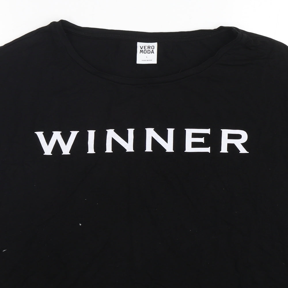 VERO MODA Womens Black  Viscose Basic T-Shirt Size L Round Neck - Winner