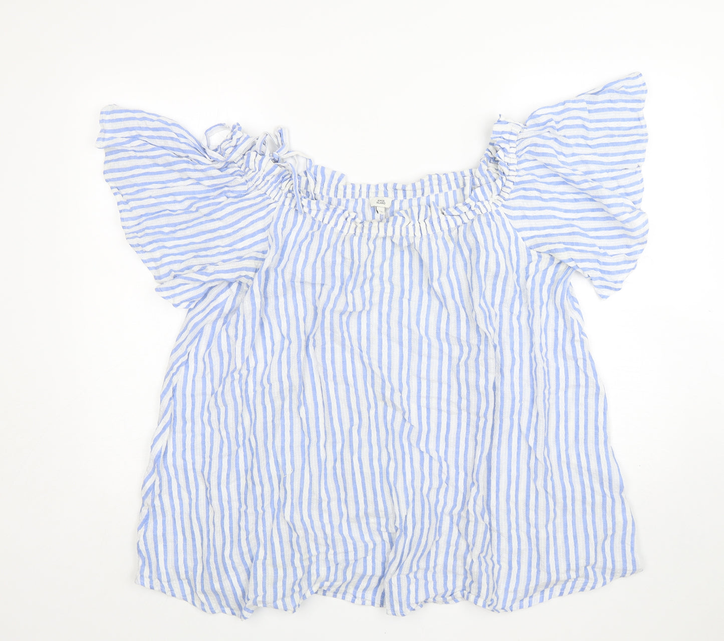 River Island Womens Blue Striped Cotton Basic Blouse Size L Boat Neck