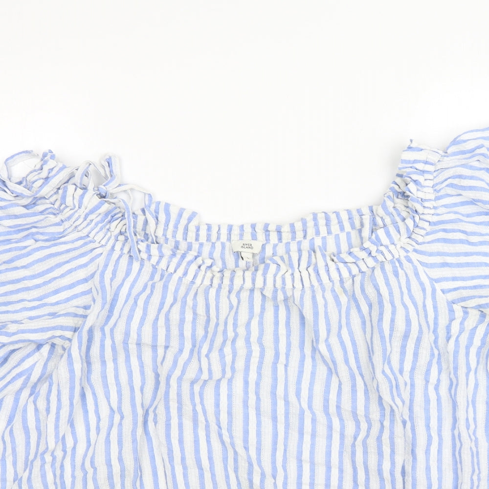 River Island Womens Blue Striped Cotton Basic Blouse Size L Boat Neck