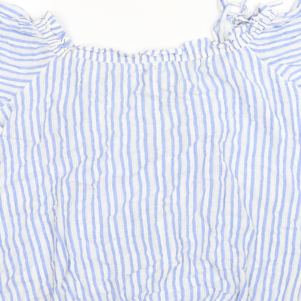 River Island Womens Blue Striped Cotton Basic Blouse Size L Boat Neck