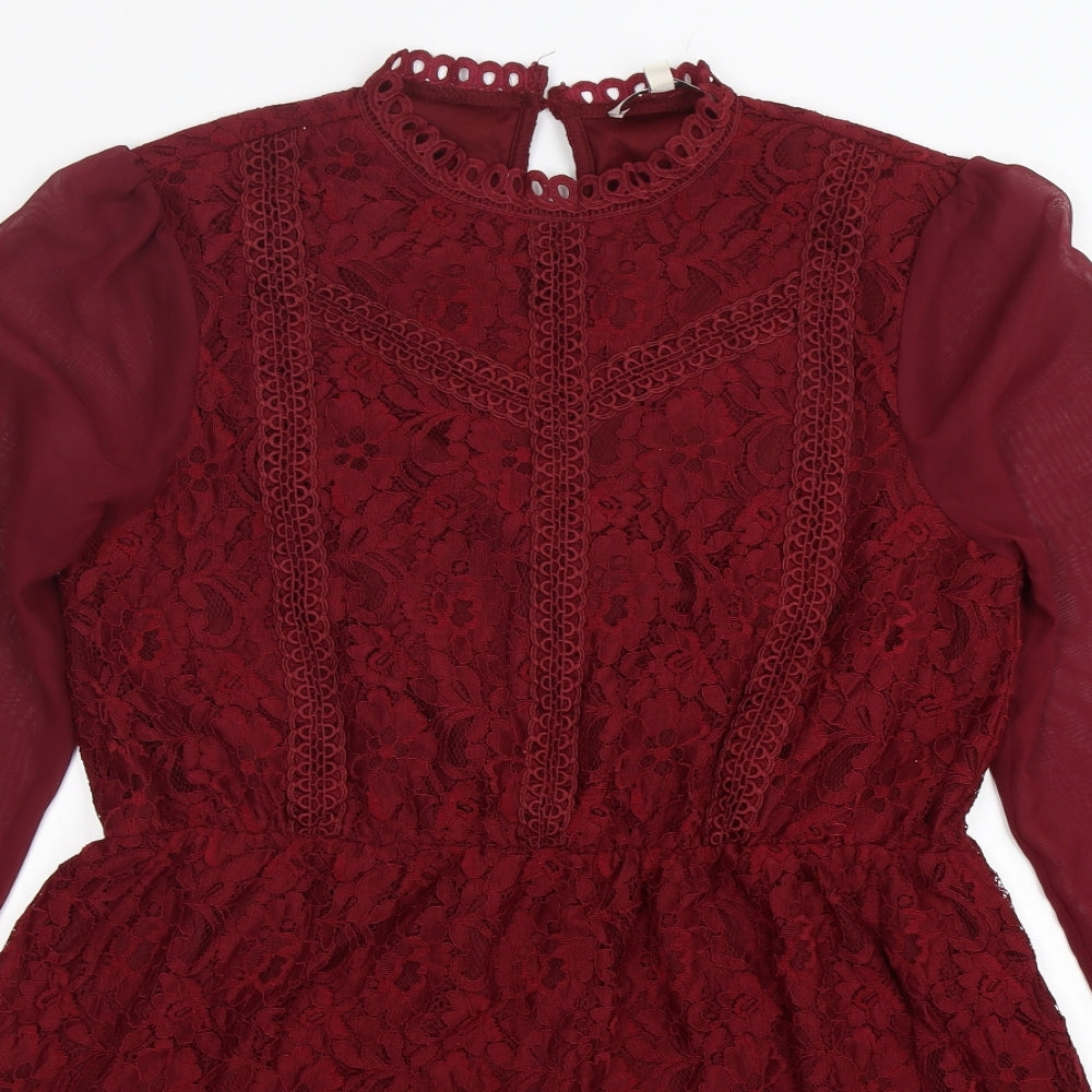 Oasis Womens Red Floral Polyamide Fit & Flare  Size L  Round Neck