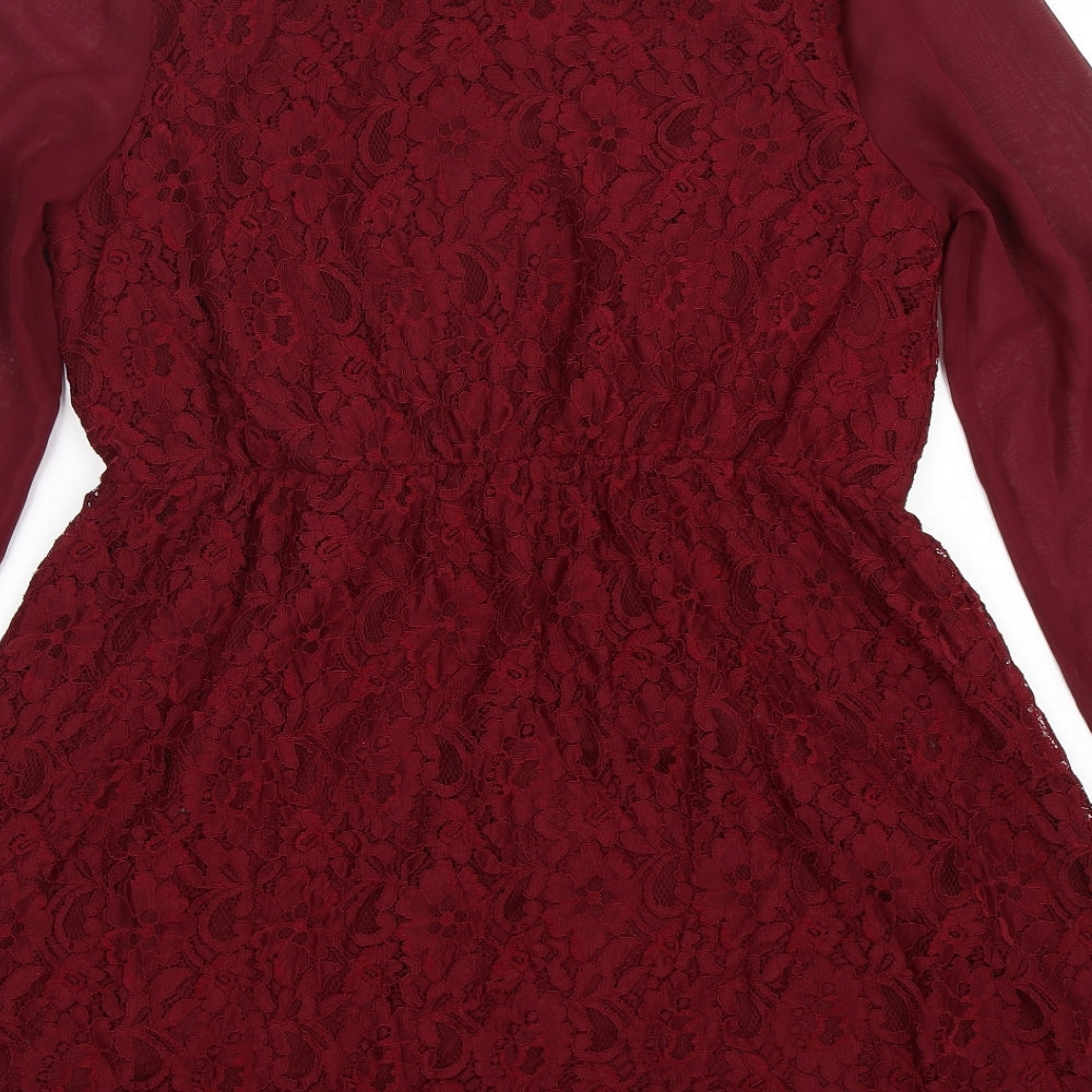 Oasis Womens Red Floral Polyamide Fit & Flare  Size L  Round Neck