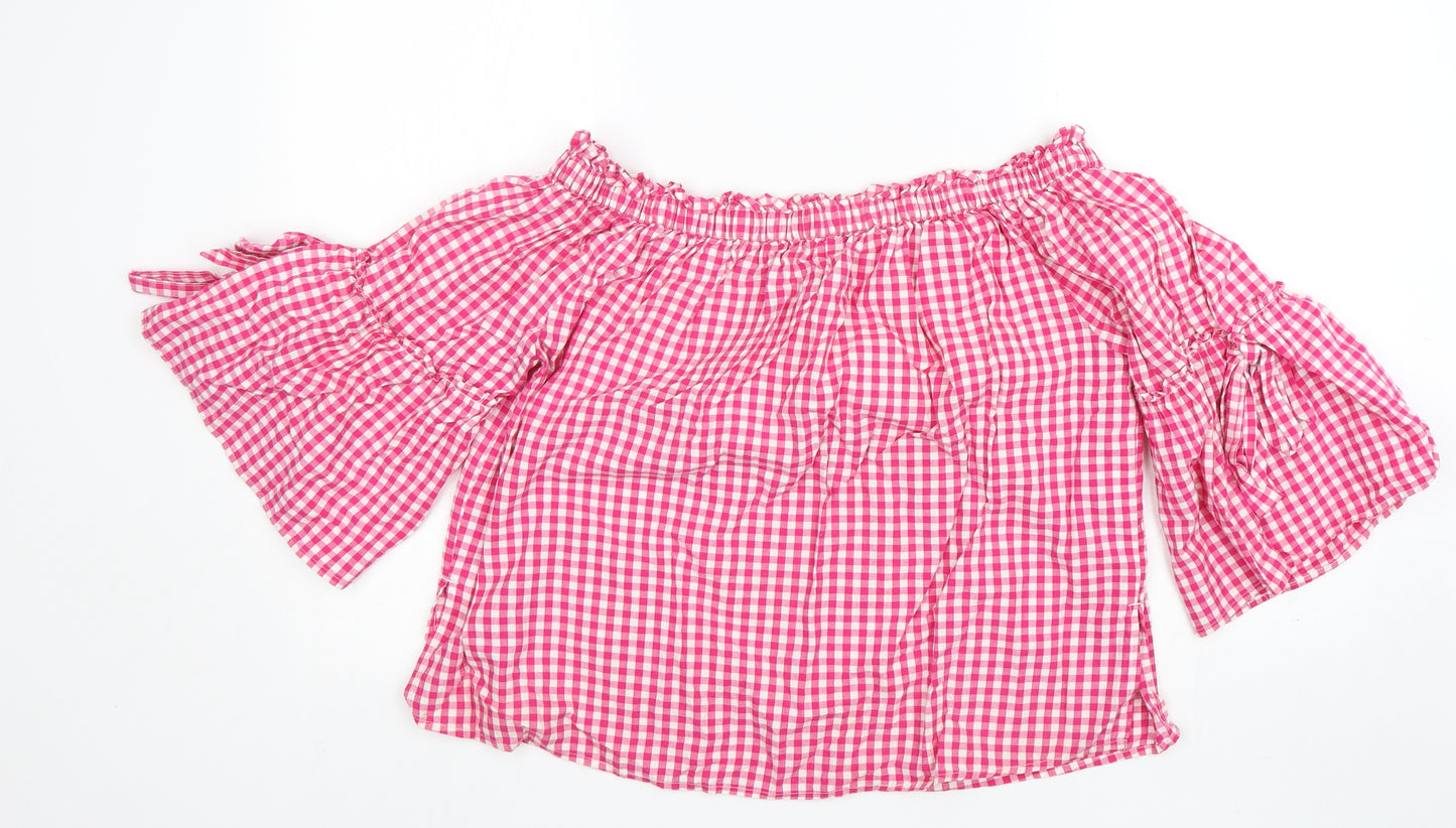 George Womens Pink Check Cotton Basic Blouse Size 14 Off the Shoulder