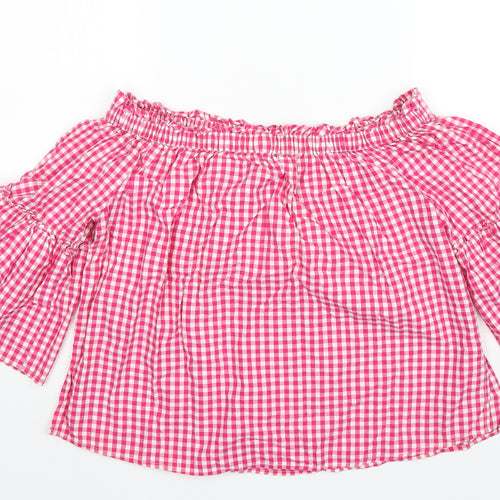 George Womens Pink Check Cotton Basic Blouse Size 14 Off the Shoulder