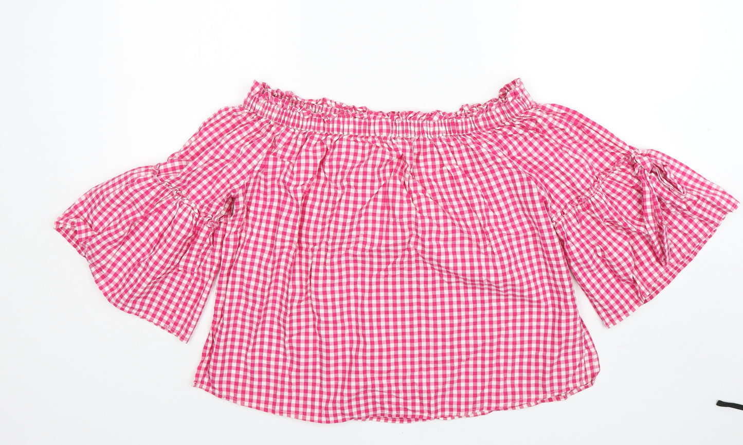 George Womens Pink Check Cotton Basic Blouse Size 14 Off the Shoulder