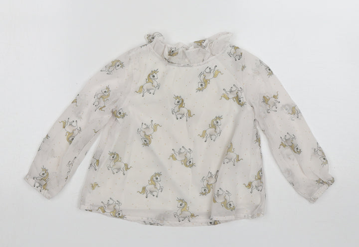 H&M Girls White  Polyester Basic Blouse Size 3 Years Round Neck  - Unicorn