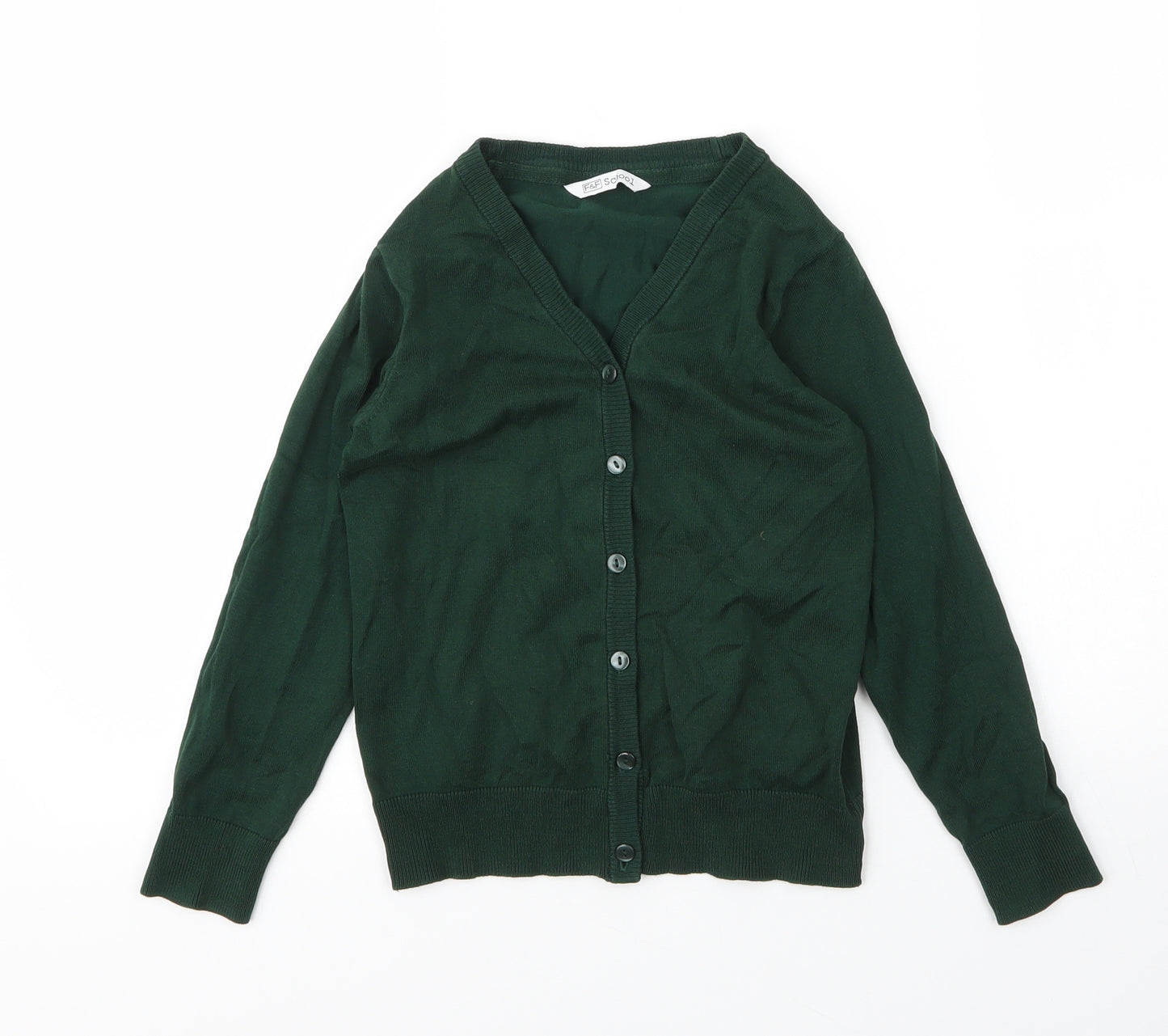 F&F Girls Green V-Neck  Cotton Cardigan Jumper Size 7 Years  Button - School