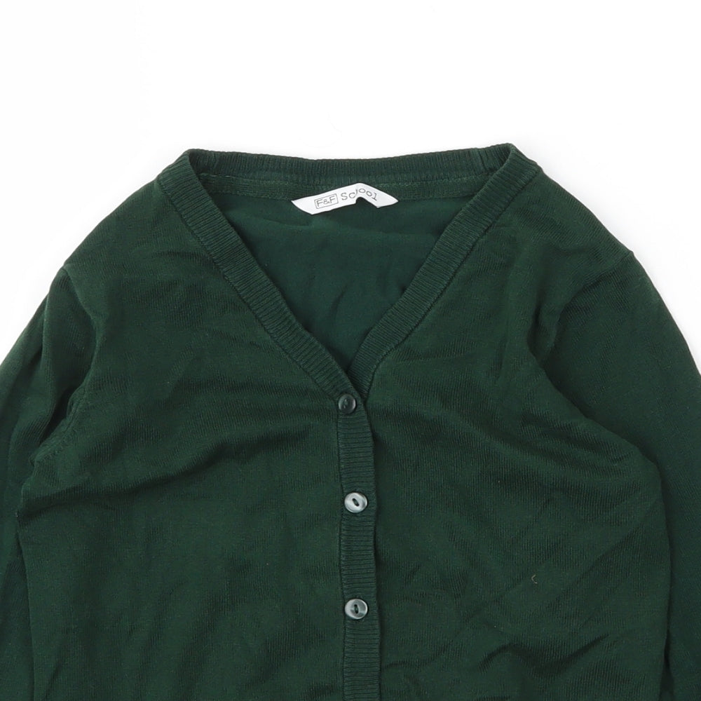 F&F Girls Green V-Neck  Cotton Cardigan Jumper Size 7 Years  Button - School