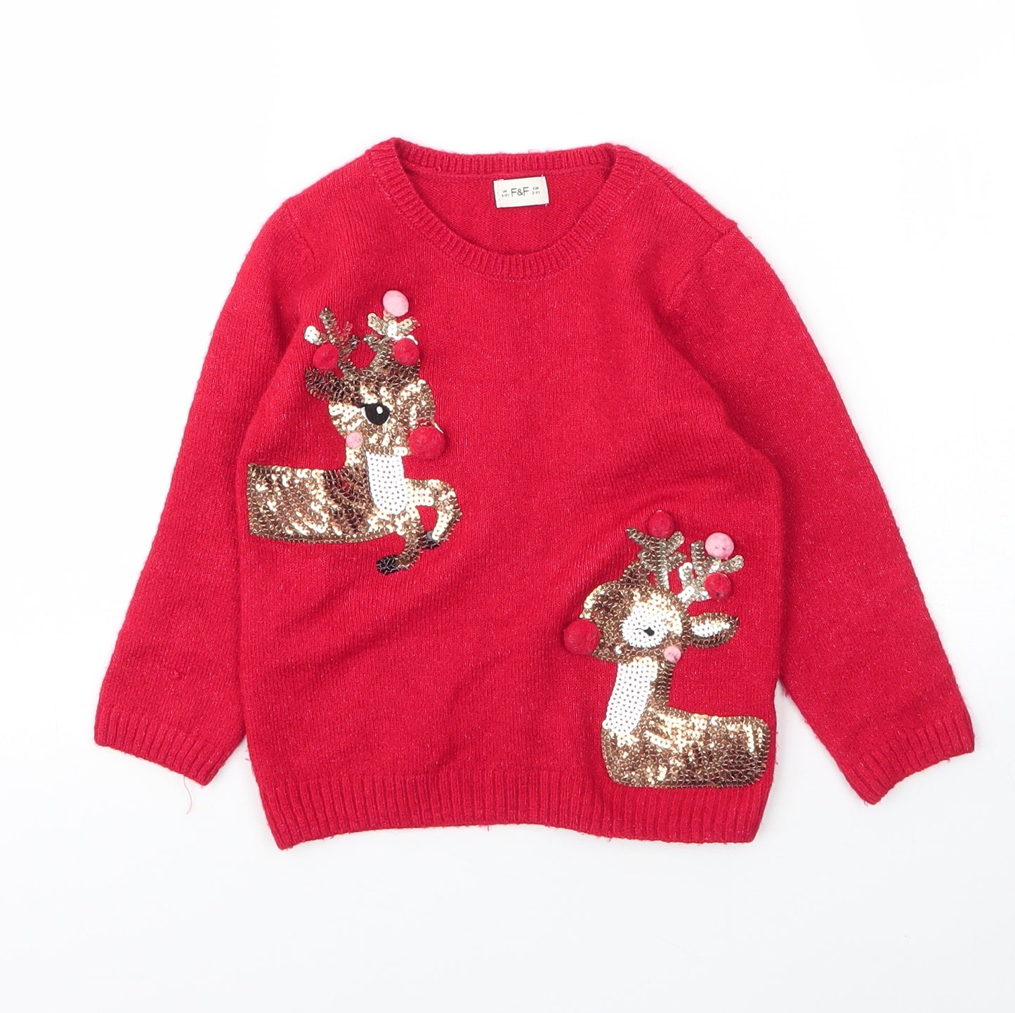 F&F Girls Red Round Neck  Acrylic Pullover Jumper Size 2-3 Years   - Christmas