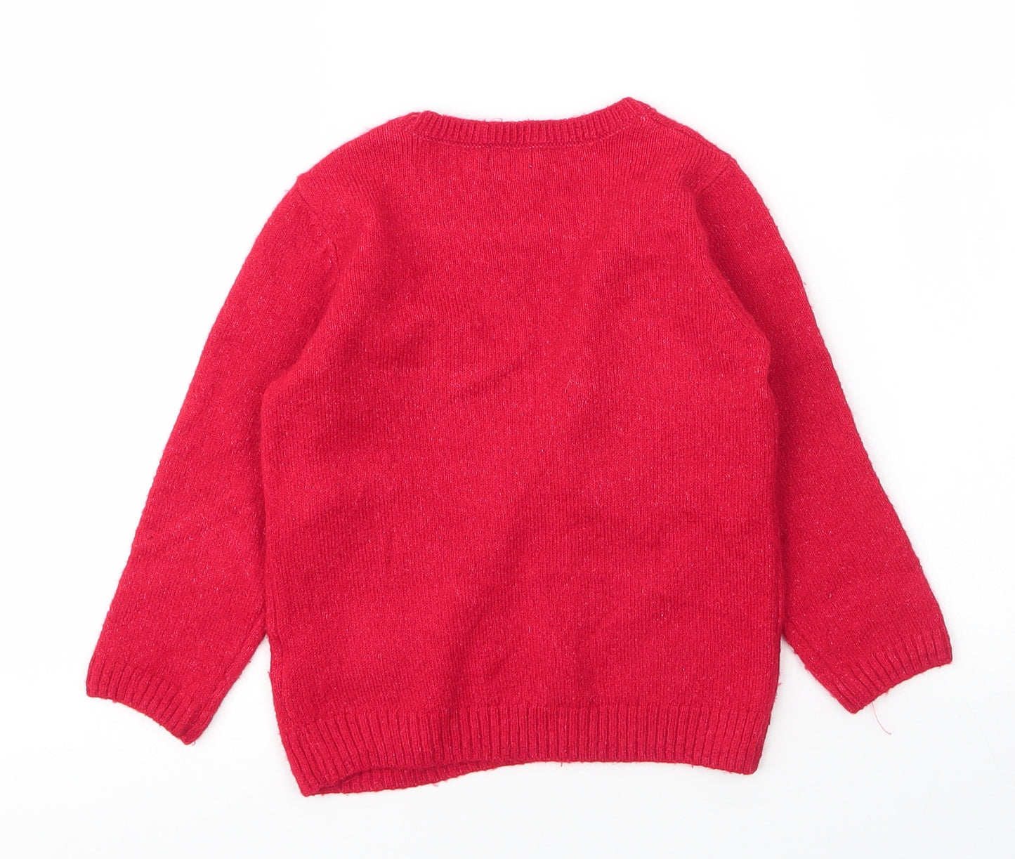 F&F Girls Red Round Neck  Acrylic Pullover Jumper Size 2-3 Years   - Christmas
