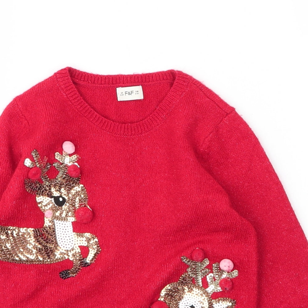 F&F Girls Red Round Neck  Acrylic Pullover Jumper Size 2-3 Years   - Christmas