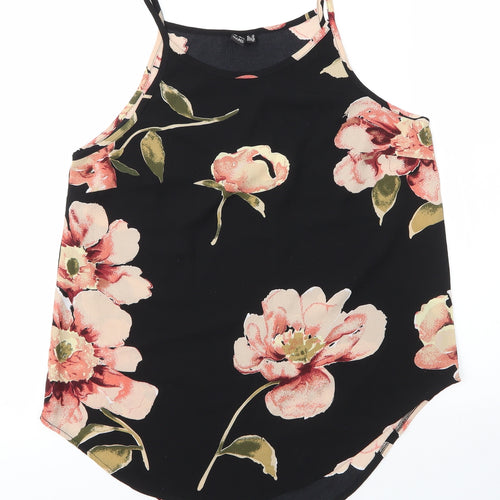 Izabelle Womens Black Floral Polyester Camisole Blouse Size 10 Round Neck