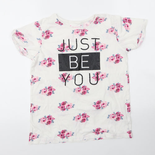 Primark Girls White Floral Cotton Basic T-Shirt Size 14 Years Round Neck