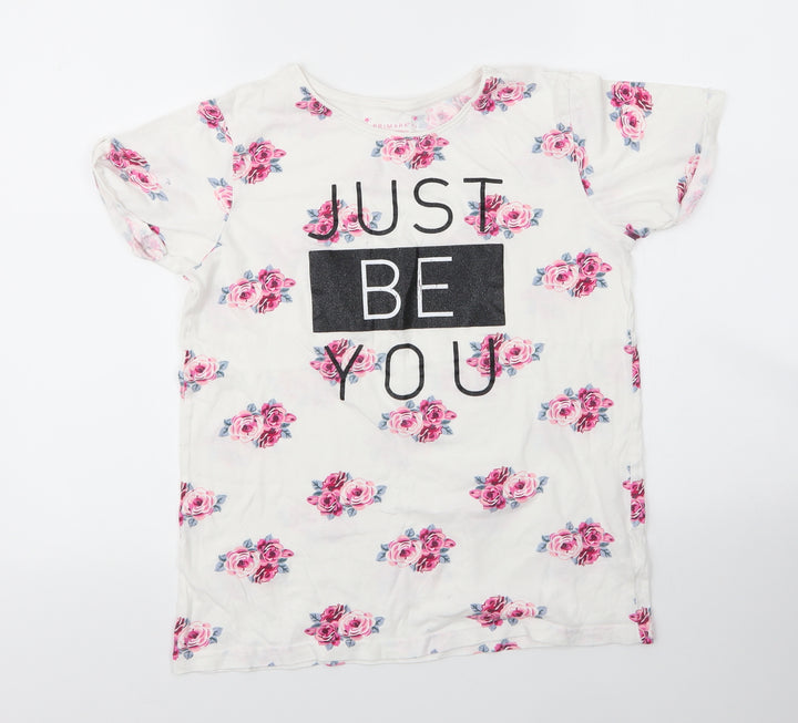 Primark Girls White Floral Cotton Basic T-Shirt Size 14 Years Round Neck
