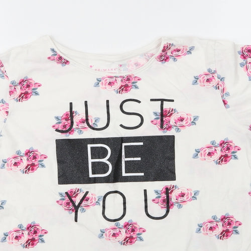 Primark Girls White Floral Cotton Basic T-Shirt Size 14 Years Round Neck