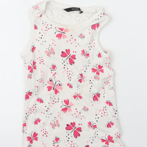 George Girls White Floral Cotton Basic Tank Size 6 Years Round Neck  - Butterfly
