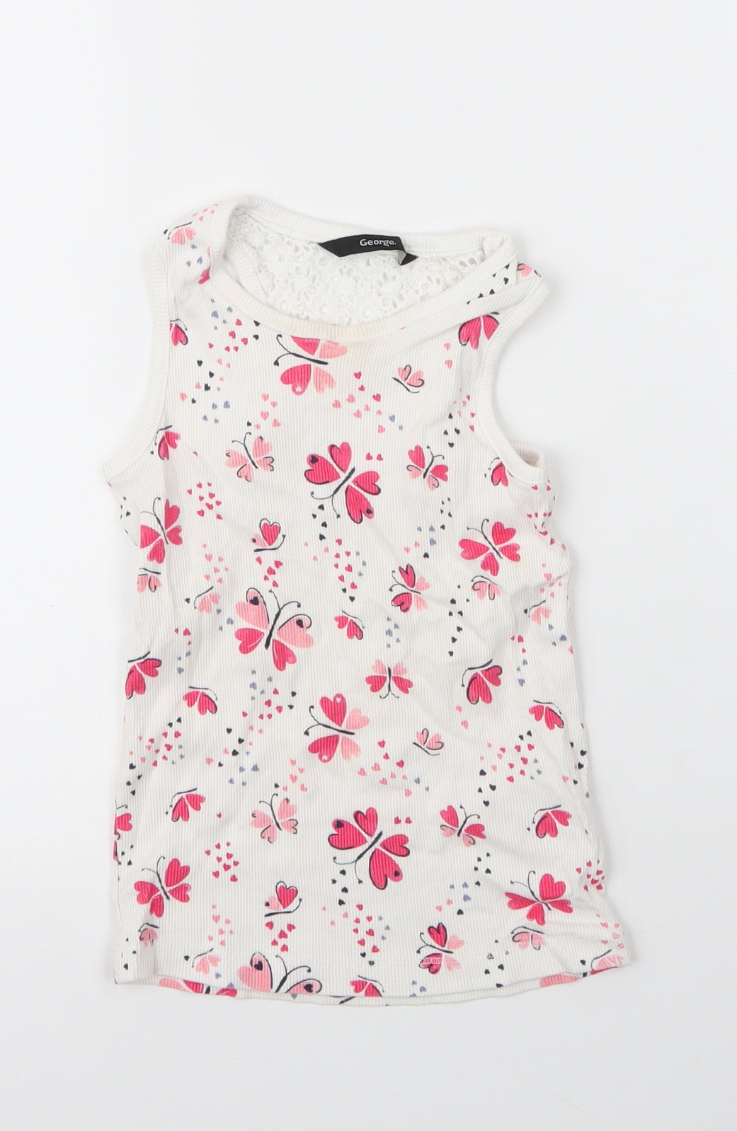 George Girls White Floral Cotton Basic Tank Size 6 Years Round Neck  - Butterfly