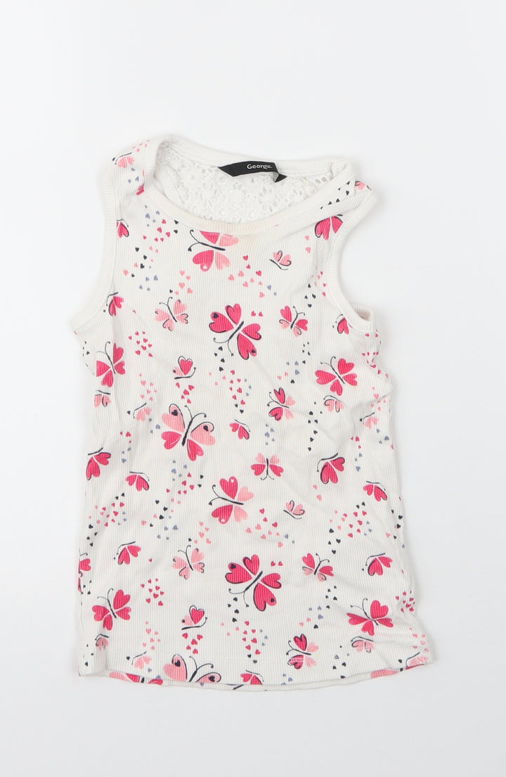George Girls White Floral Cotton Basic Tank Size 6 Years Round Neck  - Butterfly
