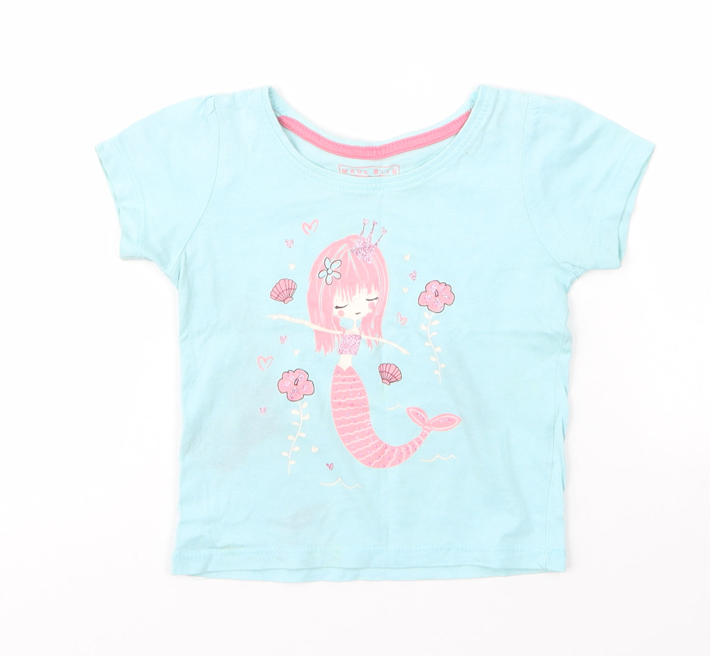 Primark Girls Blue  Cotton Basic T-Shirt Size 9-12 Months Round Neck  - Mermaid
