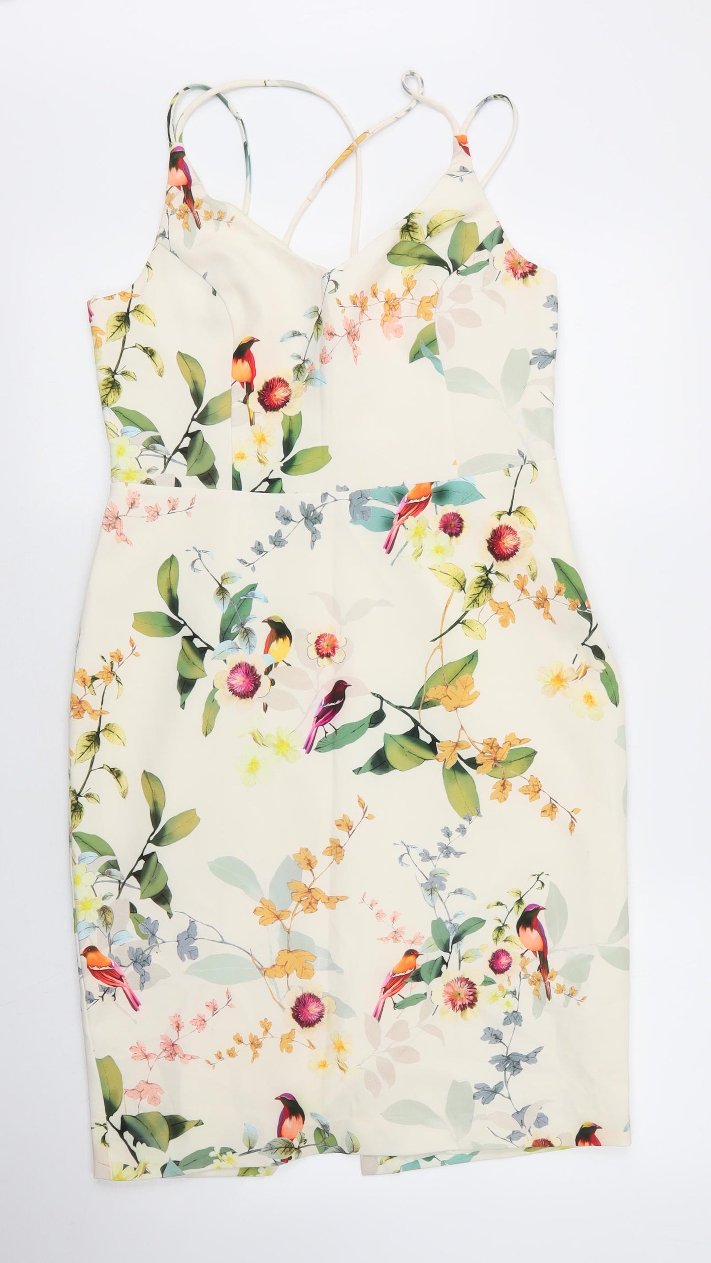 Oasis Womens White Floral Polyester Sheath  Size 12  V-Neck Zip